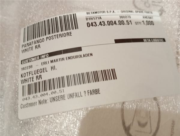 Beta RR125LC RR50 2021-25 Kotflügel hinten Heckverkleidung weiss neu Verkleidung